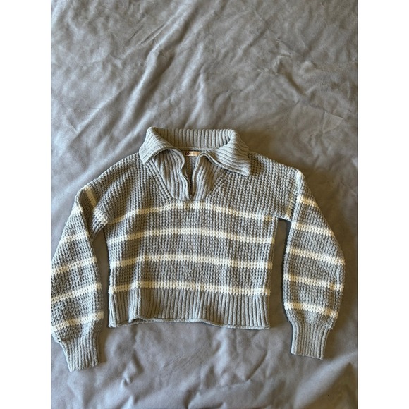 Sonoma Goods For Life Sweaters - SO Goods For Life Grey White Striped Waffle Knit Quarter Zip Pullover Sweater M